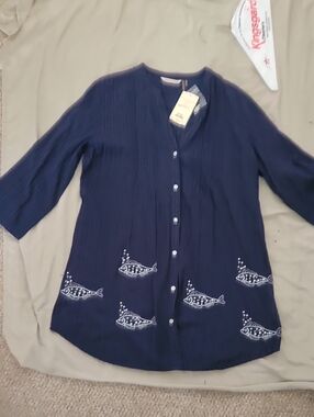 Soft Surroundings Navy Button-Front Tunic with White Fish Embroidery